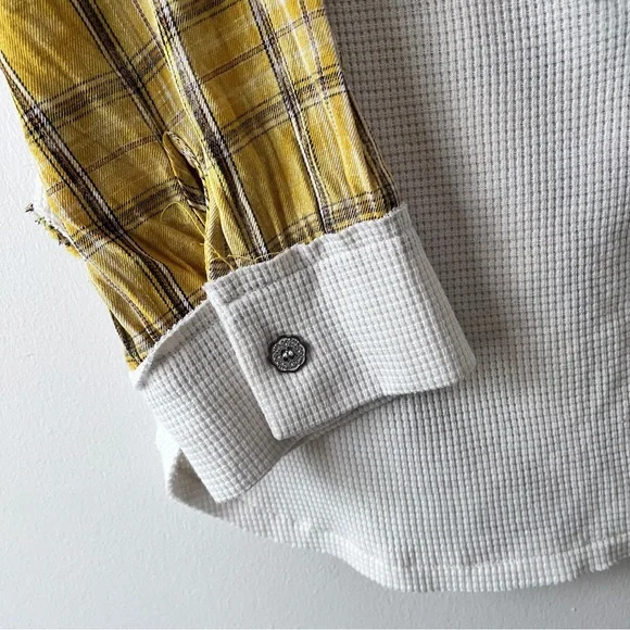 POL Boho Waffle Knit Henley Mixed Plaid Floral Print Women’s Long Sleeve Top L - Picture 5 of 12